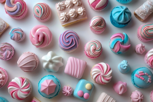 Un assortiment coloré de bonbons sucrés des marshmallows capricieux et des macarons vue aérienne pour