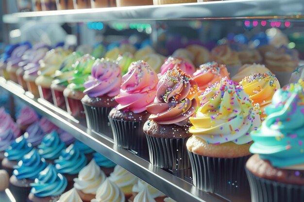 Un assortiment coloré de cupcakes gourmets exposés