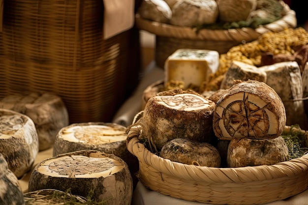 Assortiment coloré de fromages dans un panier tressé