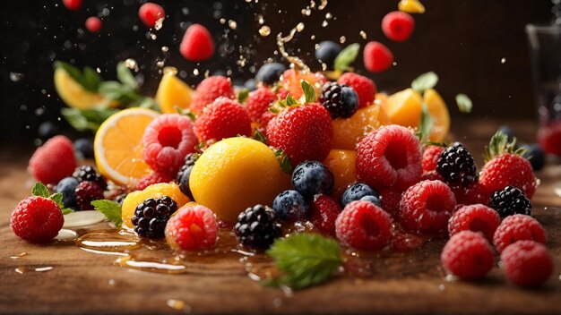 Un assortiment coloré de fruits frais affichés sur une table en bois