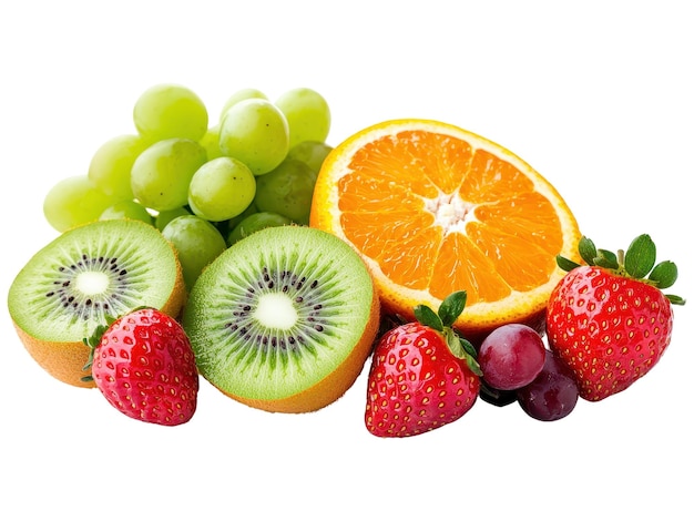 Un assortiment coloré de fruits frais, y compris des raisins kiwi, des fraises orange et un peu de raisins violets, mettant en valeur les couleurs vives et les choix sains.