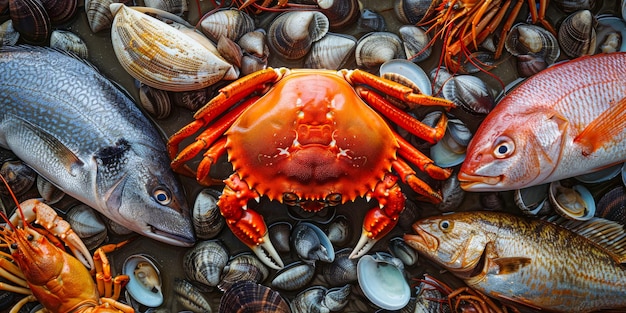 Un assortiment coloré de fruits de mer avec des crabes de poisson et des coquillages
