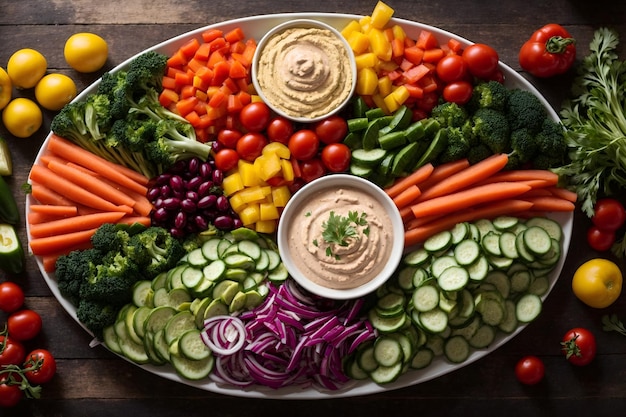 Un assortiment coloré de légumes frais avec du ranch ou du hummus pour tremper