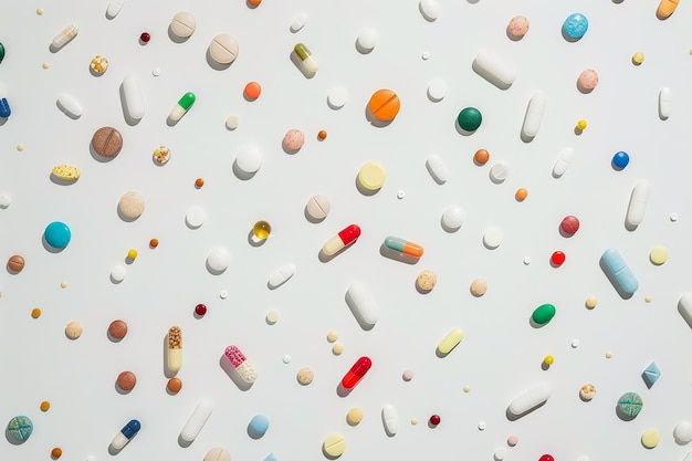Un assortiment coloré de pilules éparpillées sur un fond blanc