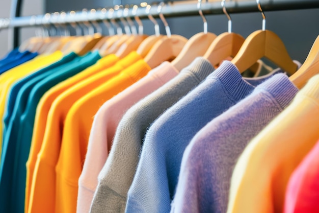 Photo un assortiment coloré de sweatshirts à capuche accrochés dans une armoire moderne