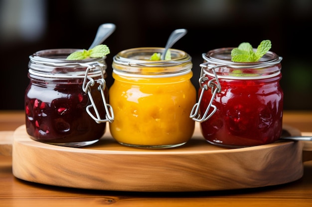 Assortiment de confitures de fruits bocaux en verre sur plaque de bois tenue en gros plan par une femme