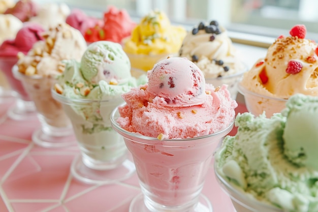 Un assortiment de crème glacée colorée dans des tasses de dessert en verre