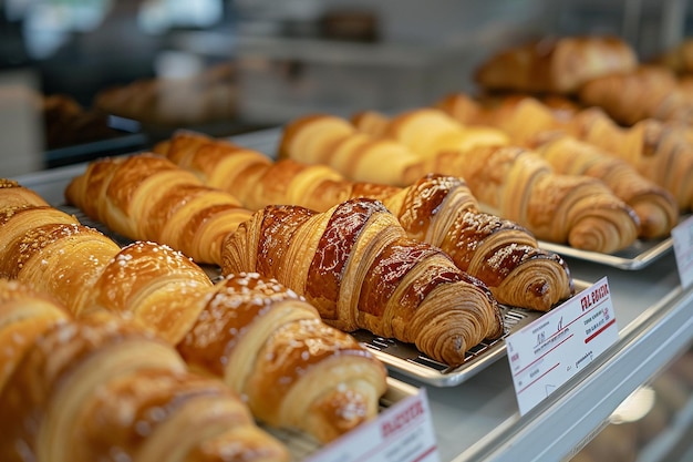 Assortiment de croissants français dans un magasin, vue rapprochée