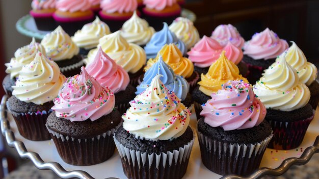 Un assortiment de cupcakes colorés disposés sur un plateau, chacun surmonté de tourbillons de glaçage à la crème au beurre et d'aspersions