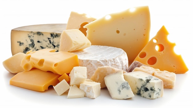 Assortiment de différents types de fromage, y compris le fromage bleu doux dur et le fromage suisse avec trous, blocs, coins et tranches