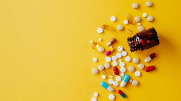 Photo assortiment dispersé de pilules et de capsules sur une surface jaune