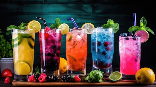 Assortiment d'un ensemble de cinq cocktails sur fond sombre variété de menus différentes boissons alcoolisées et non alcoolisées générées ai