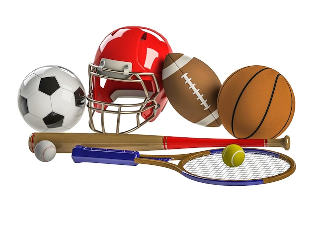 Un assortiment d'équipements de sports d'équipe sur un fond blanc comprenant : une raquette et une balle de tennis, un basket-ball, une batte et une balle de baseball, un ballon de football, un casque et une balle de football