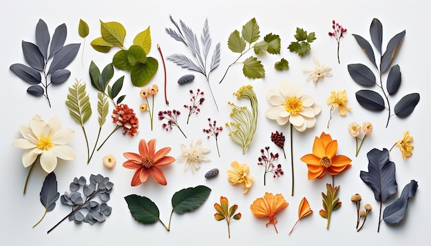 Assortiment de feuilles et de fleurs sur fond blanc