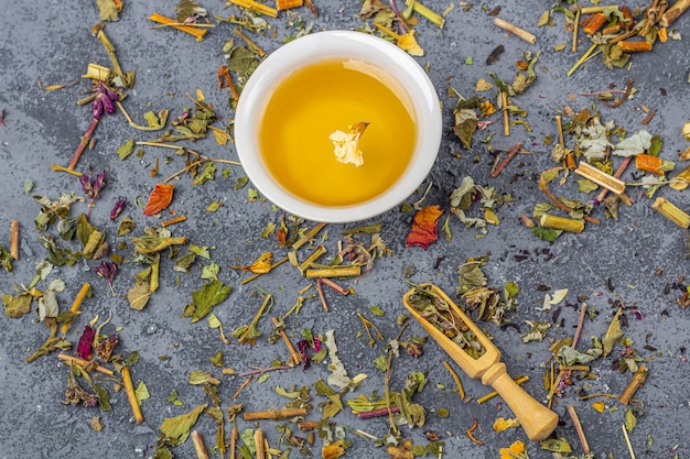 Assortiment de feuilles de thé sec de différentes qualités dans une cuillère en bois et une tasse de thé vert. Thé aux herbes, vert et noir bio aux pétales de fleurs sèches pour la cérémonie du thé.