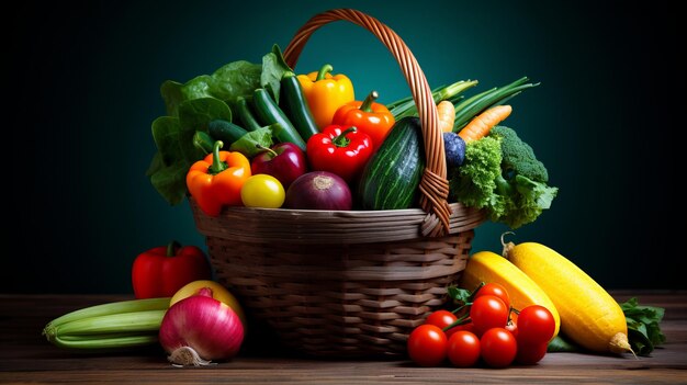 Un assortiment frais et coloré de fruits et légumes dans un sac d'achat sur fond bleu teal