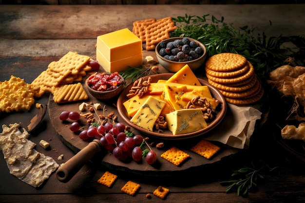 Assortiment de fromage cuit au four et de craquelins de viande pour collation sur table en bois