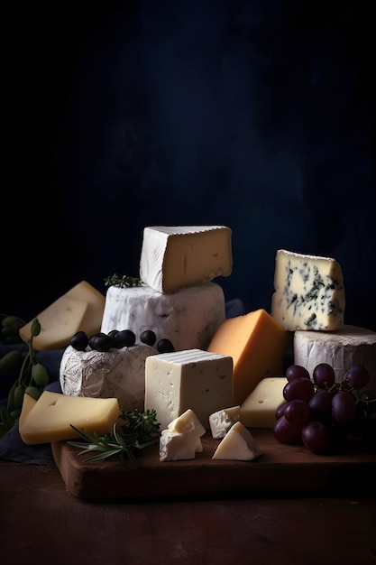 Assortiment de fromages Divers types de fromages sur fond sombre avec espace de copie généré par l'IA