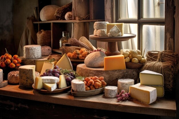 Assortiment de fromages sur une table en bois rustique créée avec un ai génératif