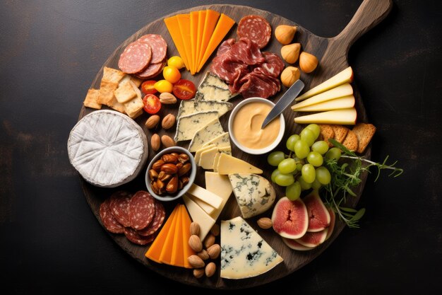 Photo assortiment de fromages et de viandes sur une ardoise sombre vue de dessus