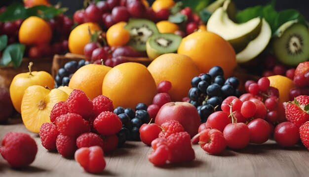 Photo assortiment de fruits et de baies frais sur une table en bois en gros plan