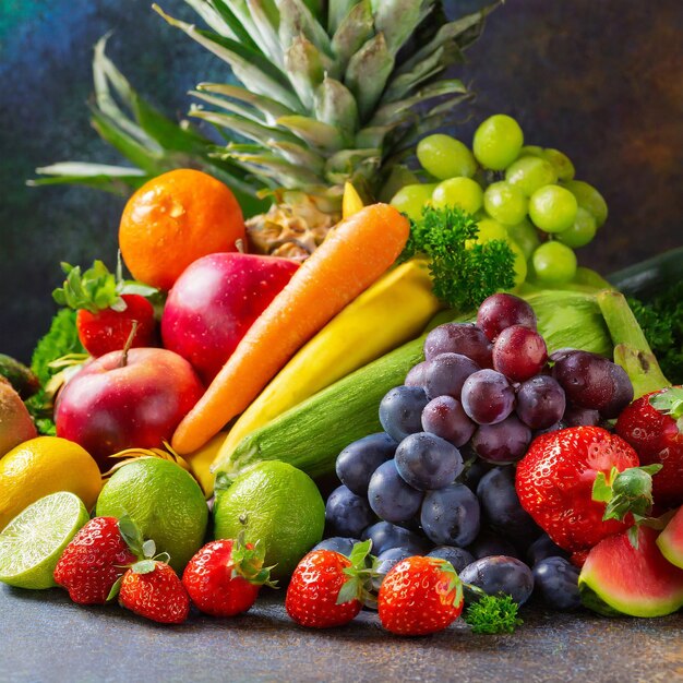 Photo assortiment de fruits et légumes biologiques frais aux couleurs de l'arc-en-ciel