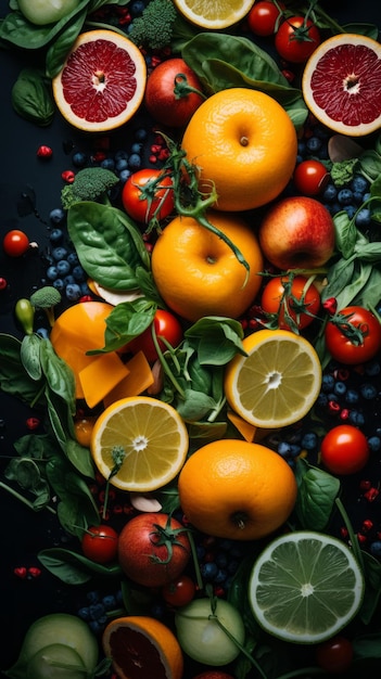 un assortiment de fruits et légumes sur fond noir