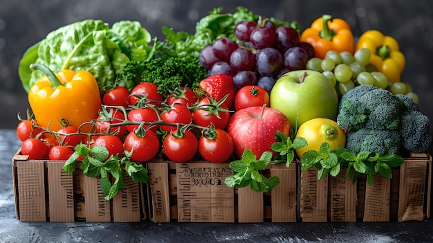 Assortiment de fruits et légumes frais sur surface en bois concept d'alimentation saine couleurs vives pour la sensibilisation à la nutrition photo de stock prête AI