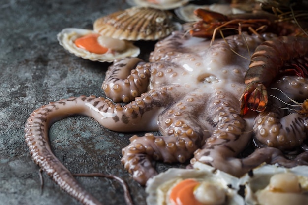 Assortiment de fruits de mer avec poulpe, pétoncles et crevettes crus frais, comme arrière-plan de dîner gastronomique