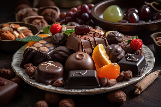 Assortiment de fruits et de noix recouverts de chocolat riche et crémeux créé avec une IA générative