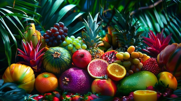 Photo un assortiment de fruits tropicaux sur la table une exposition de fruits exotiques