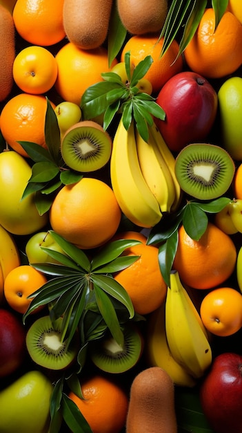 Un assortiment de fruits, y compris des bananes, des oranges, des kiwis et des prunes