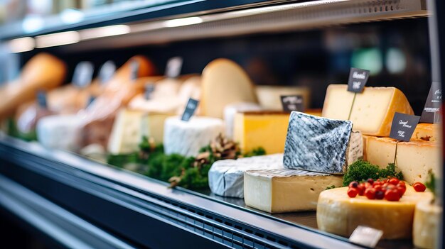 Photo un assortiment gourmet de fromages artisanaux exposé à un comptoir de délicatesse avec des garnitures fraîches