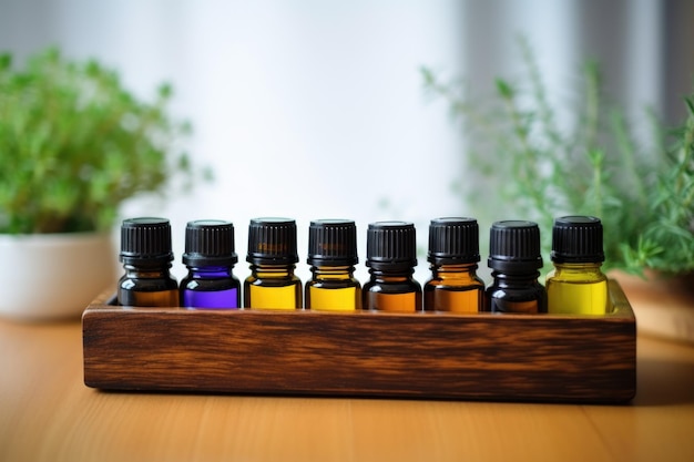 Assortiment d'huiles essentielles thérapeutiques sur une étagère