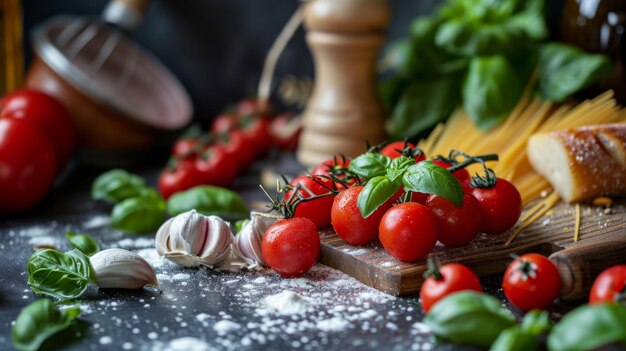 Assortiment d'ingrédients de repas italiens sur une table à manger gris foncé