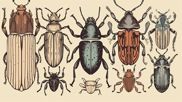 Assortiment d'insectes dessinés à la main, y compris des coléoptères Collection unique et artistique IA générative