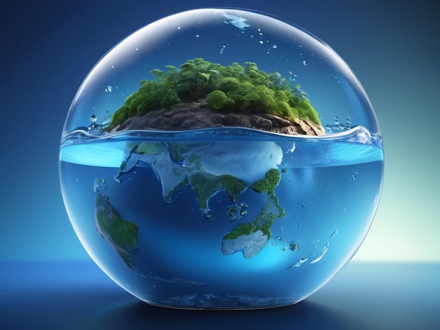 Un assortiment de la Journée mondiale de l'eau d'un globe de verre avec un fond bleu glace d'herbe verte et de l'eau