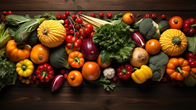 Assortiment de légumes d'automne colorés sur table en bois IA générative