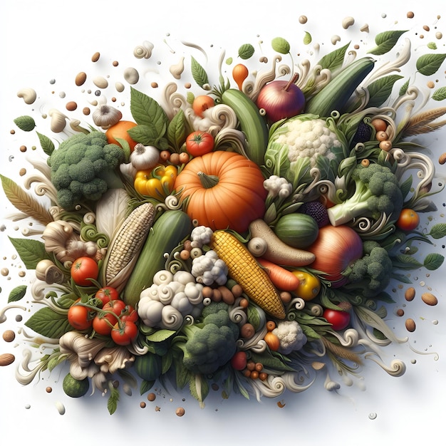 Un assortiment de légumes frais et d'herbes aux couleurs vives bien disposés sur un fond blanc