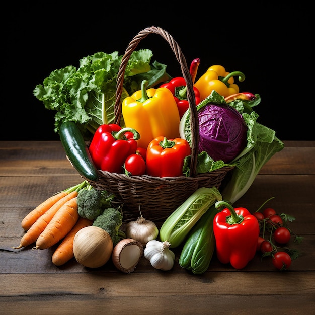 Assortiment de légumes et de fruits biologiques dans un panier en osier isolé sur fond blanc