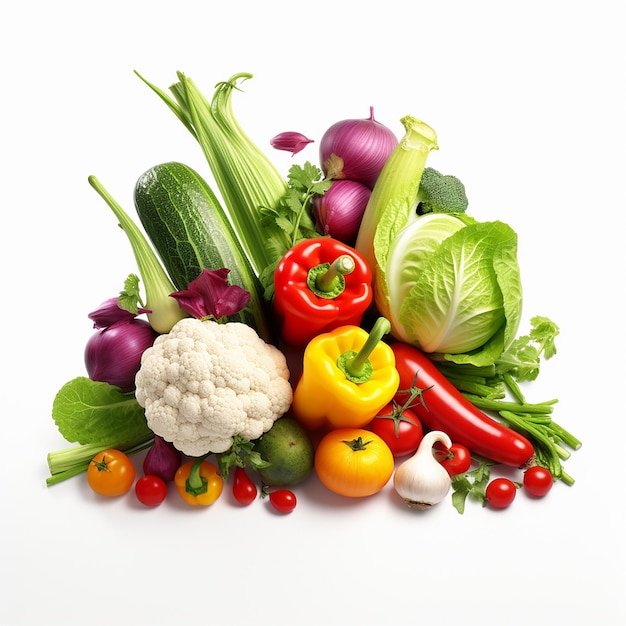 Assortiment de légumes et de fruits biologiques dans un panier en osier isolé sur fond blanc