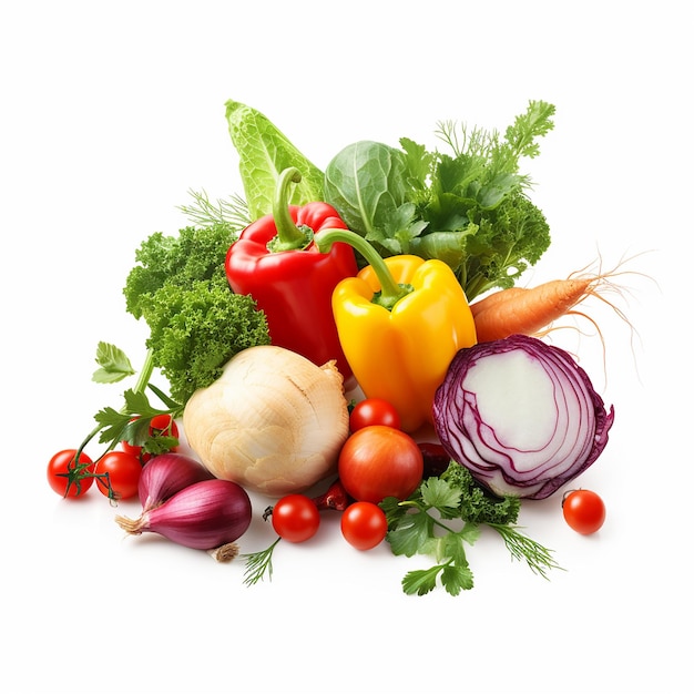 Assortiment de légumes et de fruits biologiques dans un panier en osier isolé sur fond blanc