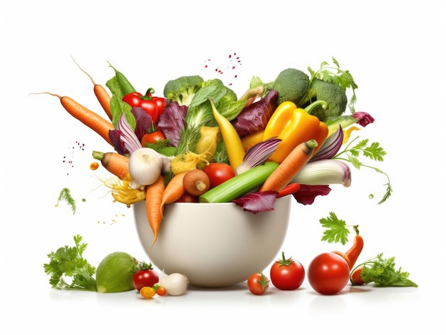Assortiment de légumes pour la salade volant dans un bol sur un fond blanc