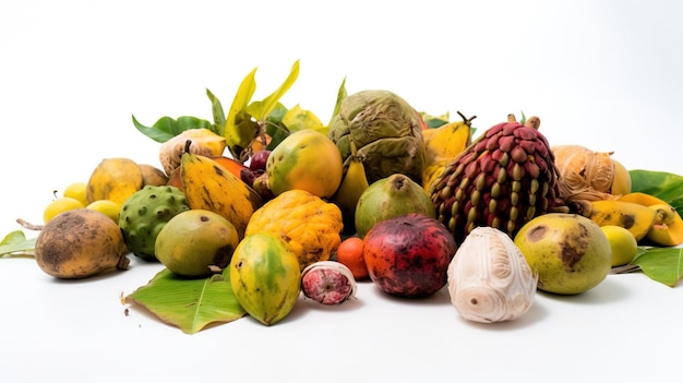 Assortiment de légumes tropicaux exotiques sur fond blanc isoler Produits de la ferme pour le magasin généré par l'IA