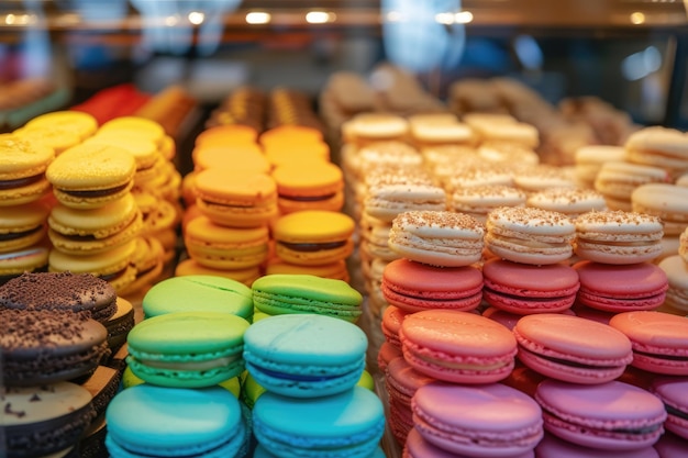 Un assortiment de macarons en couleurs pastel et vives prêts pour une douce indulgence