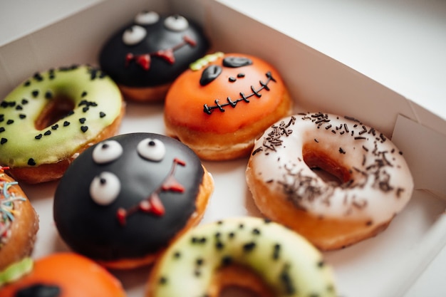 Assortiment de monstres d'Halloween avec des visages drôles des beignets dans la boîte à l'intérieur de la maison