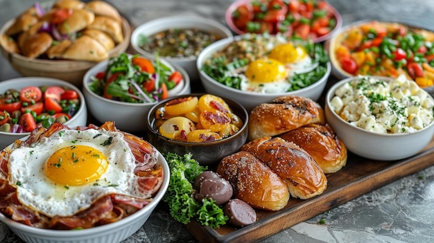 Un assortiment d'options de brunch présentées invitant une foule à se livrer à une aventure culinaire incarnant la joie des repas partagés et de la découverte AI Generative