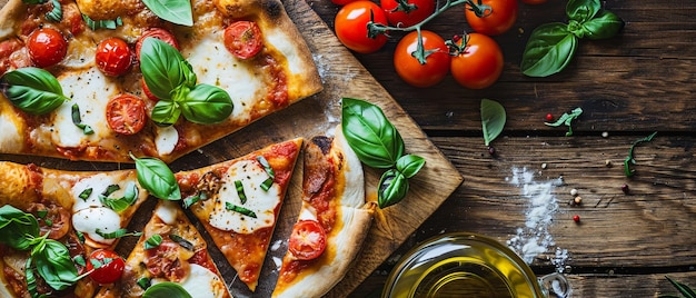 Assortiment de pizzas italiennes sur une surface en bois rustique