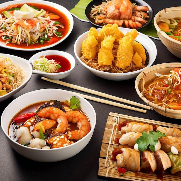 Assortiment de plats asiatiques différents Cuisine chinoise japonaise et thaïlandaise