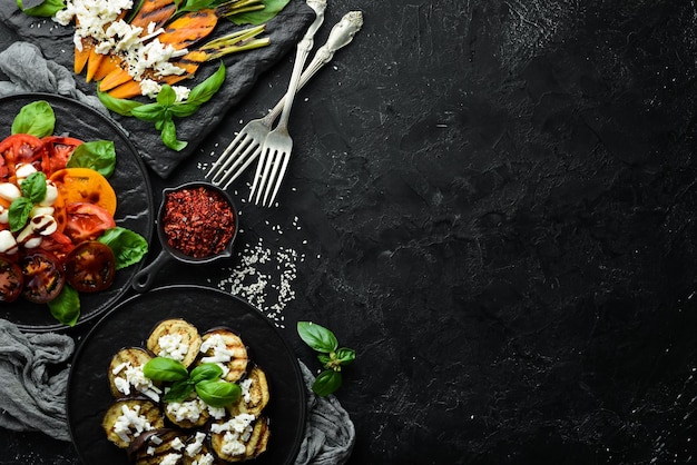 Assortiment de plats de cuisine européenne Nourriture de fond Vue de dessus Espace libre pour votre texte